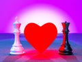 The king of white chess and the queen of black chess stand flaring the form of love between them. 3d illustrations Royalty Free Stock Photo