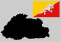 Kingdom of Bhutan map silhouette and flag. Royalty Free Stock Photo