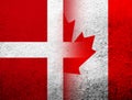 The Kingdom of Denmark National flag with National flag of Canada Maple Leaf. Grunge Background Royalty Free Stock Photo