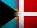 The Kingdom of Denmark National flag with The Commonwealth of The Bahamas national flag. Grunge Background