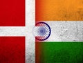 The Kingdom of Denmark National flag with flag of India. Grunge Background