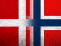The Kingdom of Denmark National flag with The Kingdom of Norway national flag. Grunge Background