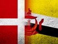 The Kingdom of Denmark National flag with the Nation of Brunei, the Abode of Peace National flag. Grunge Background