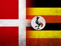 The Kingdom of Denmark National flag with The Republic of Uganda National flag. Grunge Background