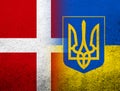 The Kingdom of Denmark National flag with Ukrainian national flag with Coat of arms of Ukraine tryzub. Grunge Background Royalty Free Stock Photo