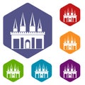 Kingdom palace icons set hexagon