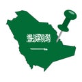 Kingdom of Saudi Arabia flag green vector map on isolated white background and pin for travel, Haj, middle east, and geography con Royalty Free Stock Photo