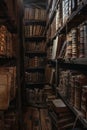 Kingdoms ancient sorcery archive, soft morning light, shelves POV, scrolls and tomes, hidden knowledge photo , high resolution