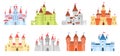 Kingdoms and castles. Medieval king palaces. Cartoon towers and fortress walls. Turret with waving flags on spires