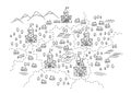 Kingdoms on the map. State areas. Castles and village. Hand drawn sketch vector line. Open paths. Editable stroke.