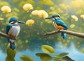 Kingficher birds on branches - Generative AI