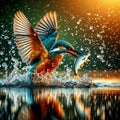 Kingfisher catch fish over a lake of water and the water moves in a water-reflection background Royalty Free Stock Photo