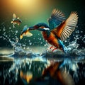 Kingfisher catch fish over a lake of water and the water moves in a water-reflection background