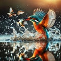 Kingfisher catch fish over a lake of water and the water moves in a water-reflection background