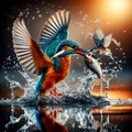 Kingfisher catch fish over a lake of water and the water moves in a water-reflection background Royalty Free Stock Photo