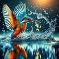 Kingfisher catch fish over a lake of water and the water moves in a water-reflection background Royalty Free Stock Photo