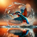 Kingfisher catch fish over a lake of water and the water moves in a water-reflection background