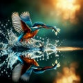 Kingfisher catch fish over a lake of water and the water moves in a water-reflection background Royalty Free Stock Photo