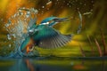 kingfisher diving for fish, with its green and blue feathers shining in the sunlight