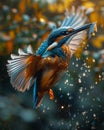 A kingfisher flying through the rain with water drops Royalty Free Stock Photo