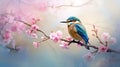 kingfisher relaxing on a cherry tree, wallpaper design Royalty Free Stock Photo