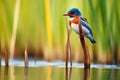 a kingfisher sitting on a reed stalk near a pond