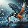 Kingfisher tackles a stickleback fish in river Royalty Free Stock Photo