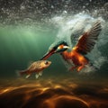 Kingfisher tackles a stickleback fish in river Royalty Free Stock Photo