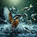 Kingfisher tackles a stickleback fish in river Royalty Free Stock Photo