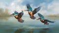 Kingfishers Flying Over Water Painting In Sketchfab Style