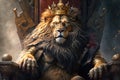 A Kingly Lion Wearing a Crown Sits on a Throne - Generative AI Royalty Free Stock Photo