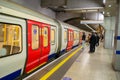 KINGS CROSS, LONDON, ENGLAND- 6 May 2021: Tube train at Kings Cross underground station