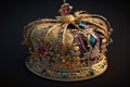 Kings crown, encrusted in gold and jewels, resting on a ceremonial pillow