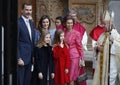 The Kings of Spain Felipe and Letizia and their daughters, in the traditional Easter Mass. Royalty Free Stock Photo