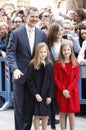 The Kings of Spain Felipe and Letizia and their daughters, in the traditional Easter Mass. Royalty Free Stock Photo