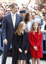 The Kings of Spain Felipe and Letizia and their daughters, in the traditional Easter Mass. Royalty Free Stock Photo