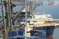 Cargo operation in container terminal in port of Kingston where various ships are discharged and loaded with gantry cranes.