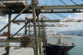 Cargo operation with gantry cranes operated by stevedores of container ship fully loaded with white reefer containers.