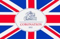 Kink Charles III coronation 2022 - poster with lettering text and british flag. Bannet template for coronation of prince