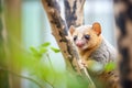 kinkajou camouflaged among tropical tree barks