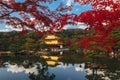 Kinkaku-ji Temple with Red leaf in Autumn season