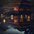 Kinkakuji, Golden Pavilion in Kyoto with floating lanterns in Summer, lantern festival, AI generative.