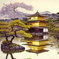 Kinkakuji, Golden Pavilion in Kyoto with sakura and pine trees in spring. AI generative.