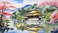 kinkakuji temple Watercolor Painting of Kinkakuji World Heritage Site Kyoto Tourism