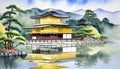 kinkakuji temple Watercolor Painting of Kinkakuji World Heritage Site Kyoto Tourism