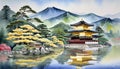 kinkakuji temple Watercolor Painting of Kinkakuji World Heritage Site Kyoto Tourism