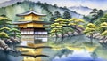 kinkakuji temple Watercolor Painting of Kinkakuji World Heritage Site Kyoto Tourism