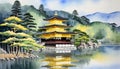 kinkakuji temple Watercolor Painting of Kinkakuji World Heritage Site Kyoto Tourism