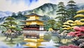 kinkakuji temple Watercolor Painting of Kinkakuji World Heritage Site Kyoto Tourism