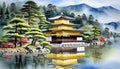 kinkakuji temple Watercolor Painting of Kinkakuji World Heritage Site Kyoto Tourism